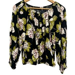 ANA A New Approach Black Floral Long Balloon Sleeve Button Up Blouse Medium